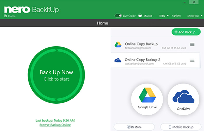 Con Nero BackItUp, ahora puede hacer sus copias de seguridad desde su almacenamiento en la nube de OneDrive y Google Drive y restaurar sus datos en línea desde su nube.