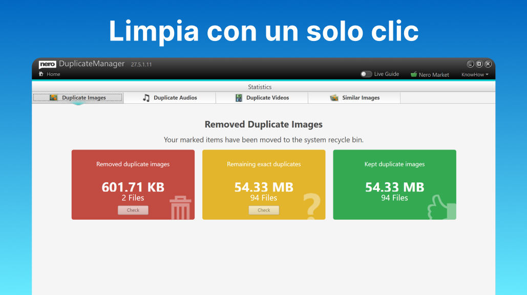 Nero DuplicateManager: resumen de limpieza con un clic y estadísticas de duplicados
